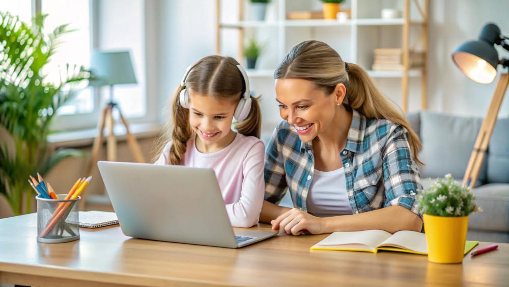 Online elementary school student learning from Wellspring Young girl with headphones smiling during online elementary school class